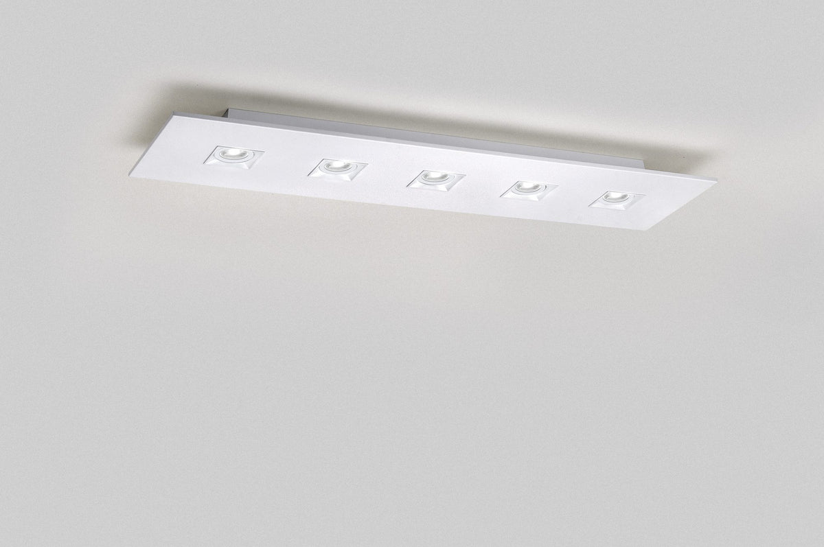 Plafón de techo de 5 luces, forma rectangular – Milan Polifemo – cuerpo de acero estampado, acabado blanco texturado