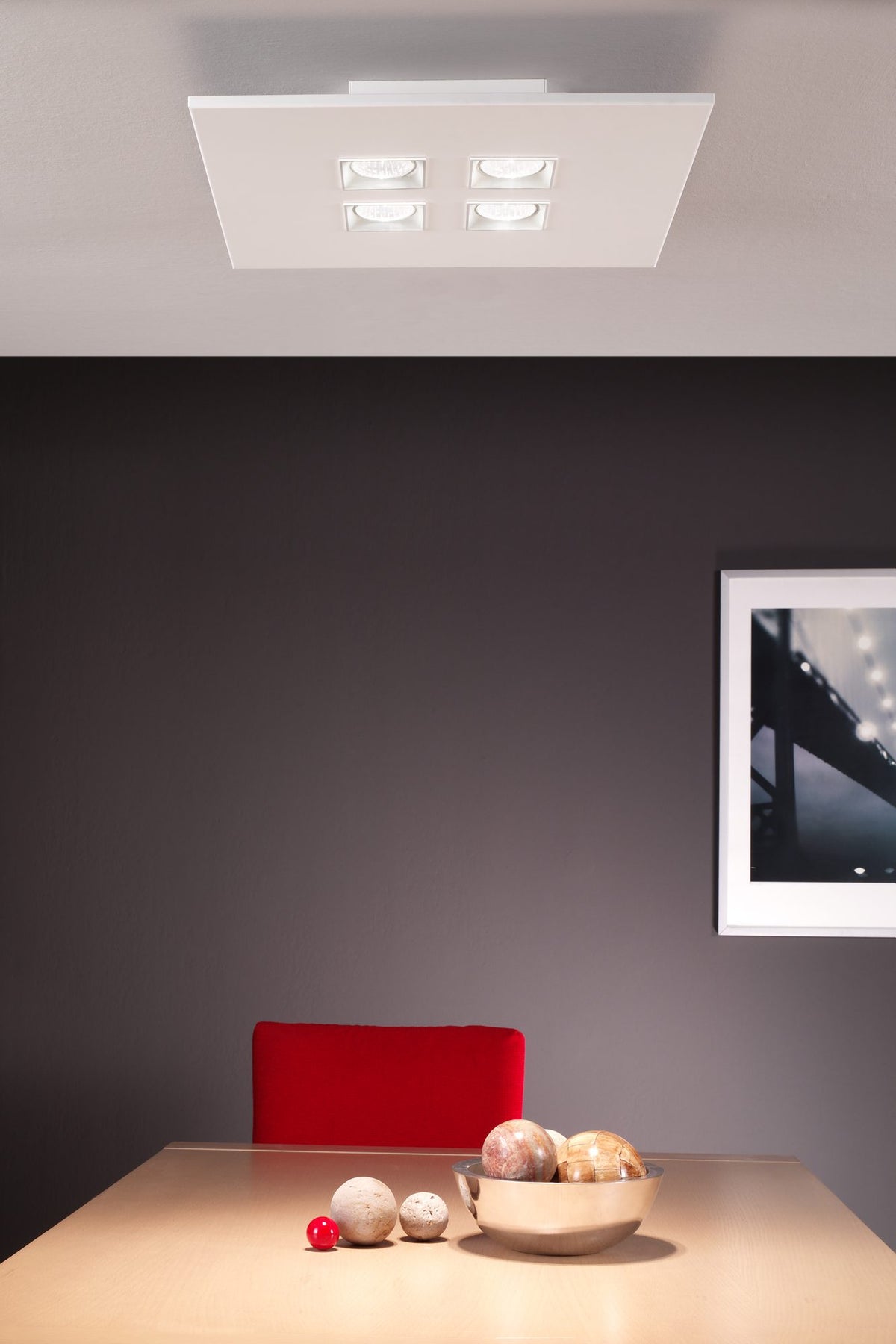 Plafón de techo de 4 luces, forma cuadrada – Milan Polifemo – cuerpo de acero estampado, acabado blanco texturado