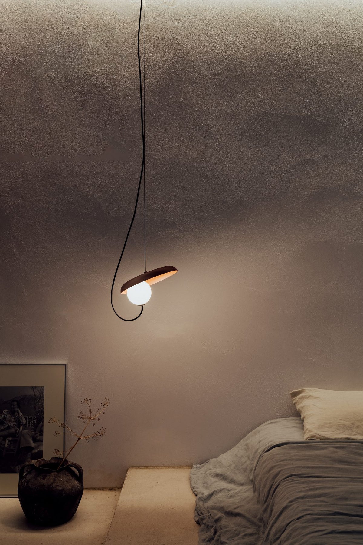 Lámpara colgante – Milan Wire – tulipa de cristal conectada a pantalla textil mediante un hilo, 3 acabados